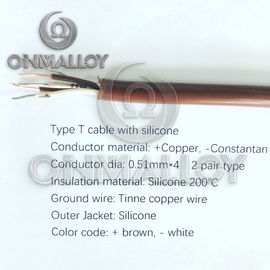 Type T Thermocouple Cable Silicone 200 Degree Insulated Wire 0.51mmx4